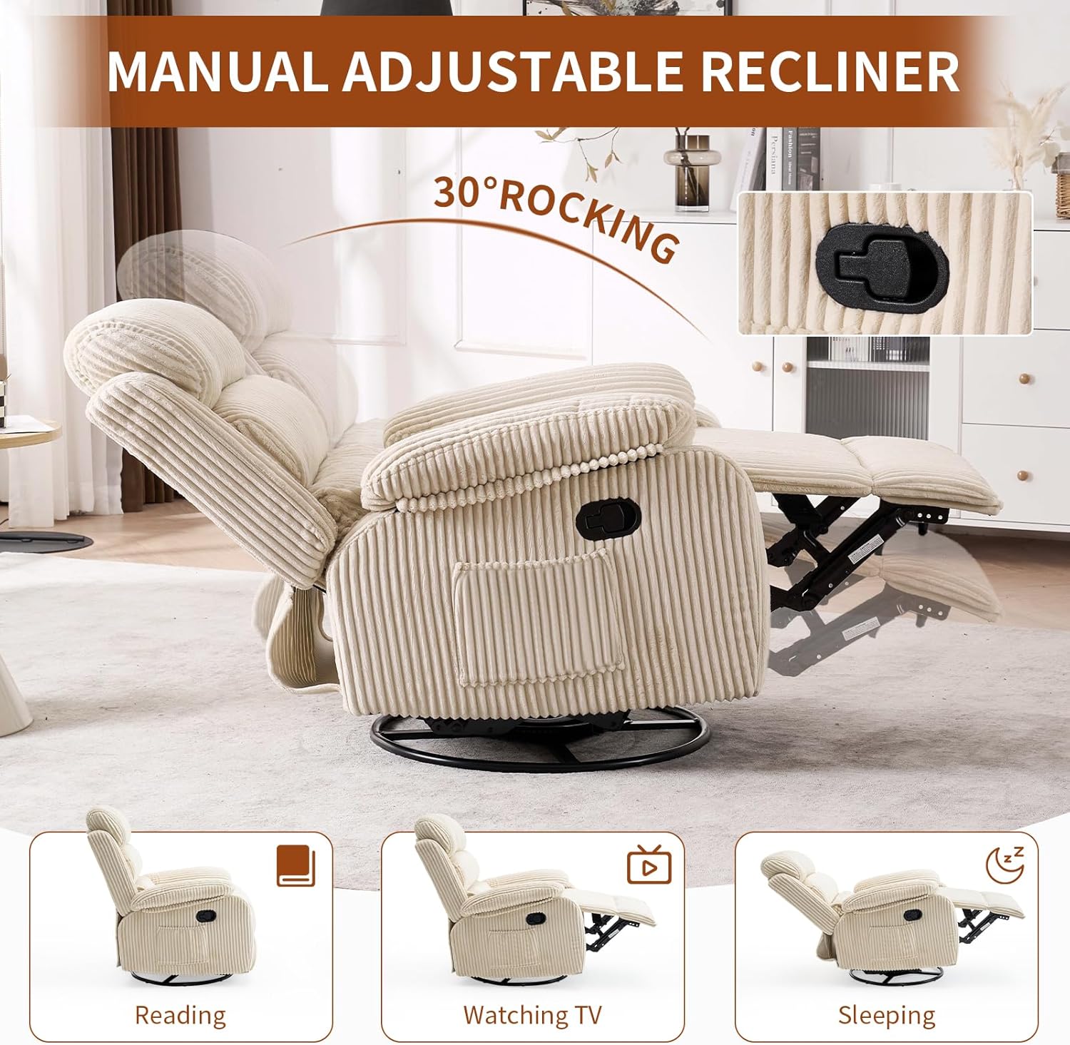 Adult 360° Rocking Recliner ChairNursery Rocker Reclining Chair with Side Pocket, a Comfy upholstered Single Sofa Armchair. Suitable for Living Room, Bedroom Nursing use, Velvet Fabric in Beige