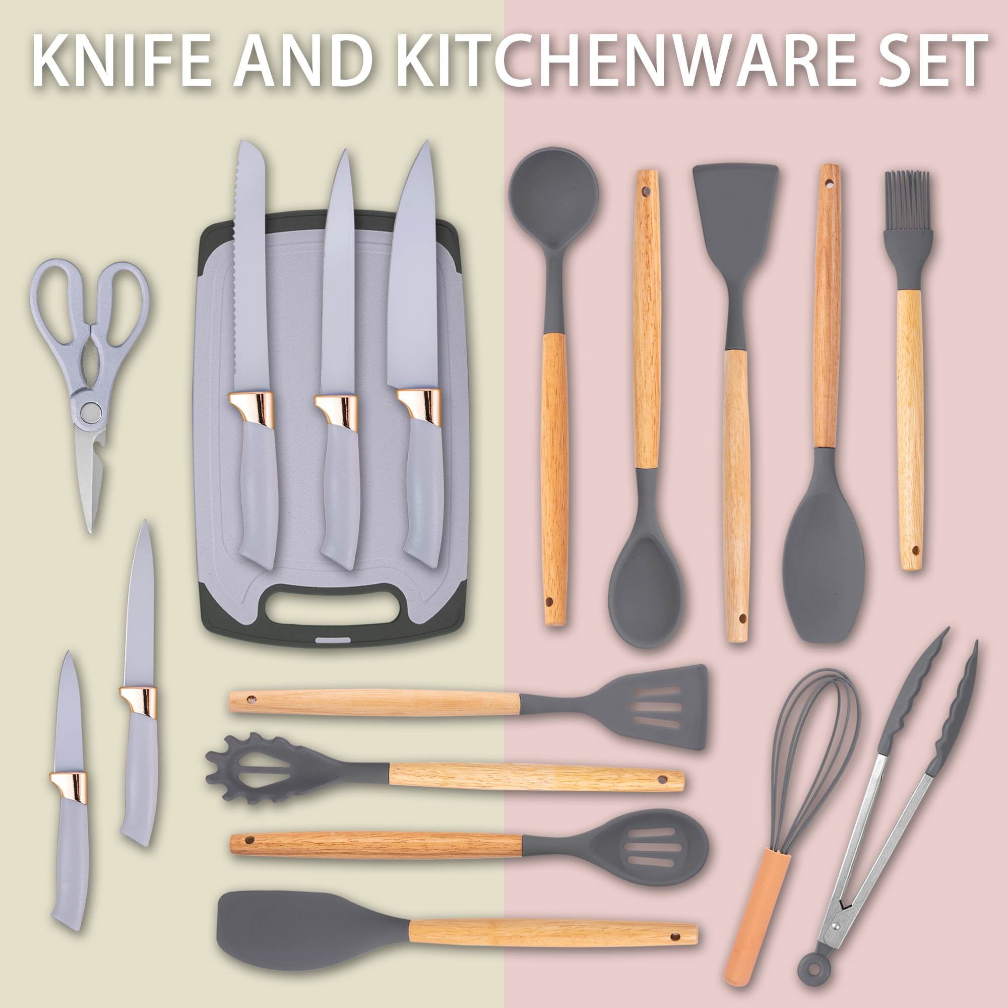 19-Piece Silicone Kitchen Utensil & Knife Set - Heat-Resistant Cooking Tools Non-Stick Safe Gift for Mom or Women Black