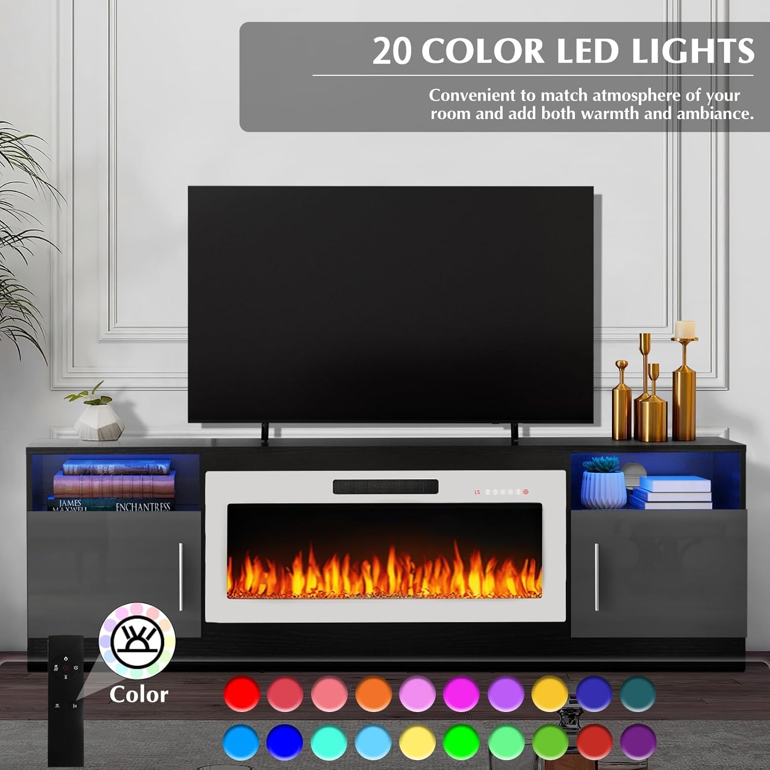Lemberi Fireplace tv Stand with 36 inch White Fireplace Up to 80" TVs,LED Light Entertainment Center and Storage, 70" Modern Wood Media TV Console with Highlight Cabinet for Living Room