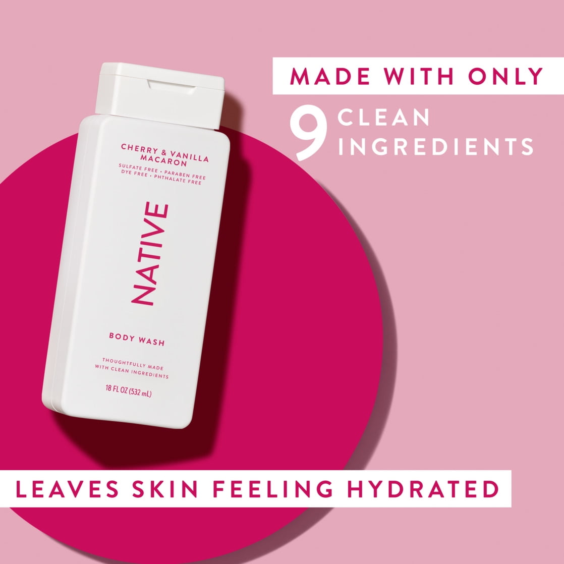 Body Wash, Cherry & Vanilla Macaron, Sulfate Free, Naturally Derived Ingredients, 24hr Freshness, for Women & Men, 18 fl oz