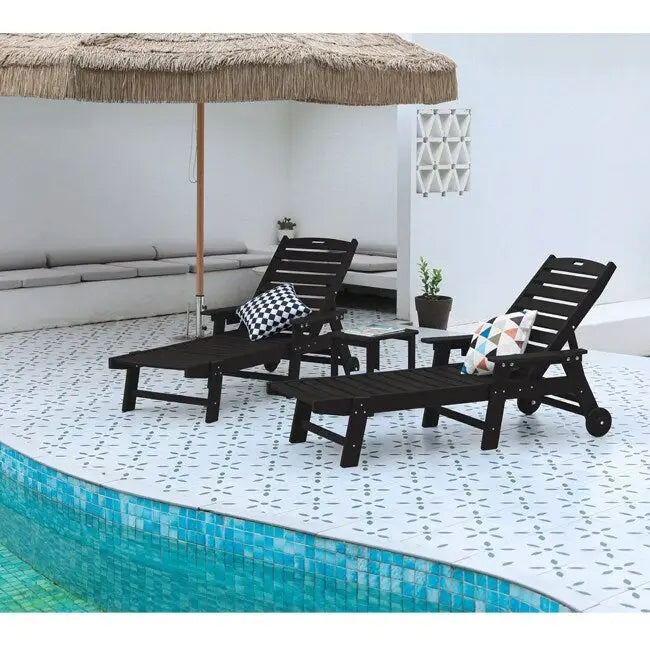 3-Piece Patio Set 2 Oversized Chaise Lounges (5-Position, Wheels, Cup Holder) + Side Table, All-Weather Wood Texture.