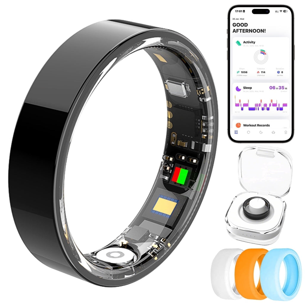 Fitness Tracking Ring, 7-Day Battery, Heart Rate Sleep Monitor, No Subscription, IP68 Waterproof, Stainless Steel - Size 7, Black