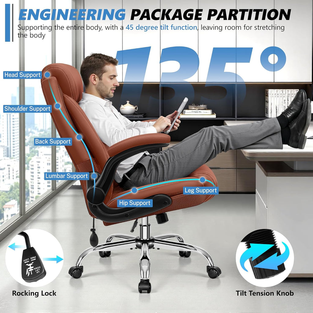 Office Chair, Big and Tall Ergonomic Desk Chair, Executive Leather Computer Chair with Adjustable Lumbar Support, Comfy Gaming Chair with Flip Up Arms, Swivel PC Chair with Rocking Function, Brown