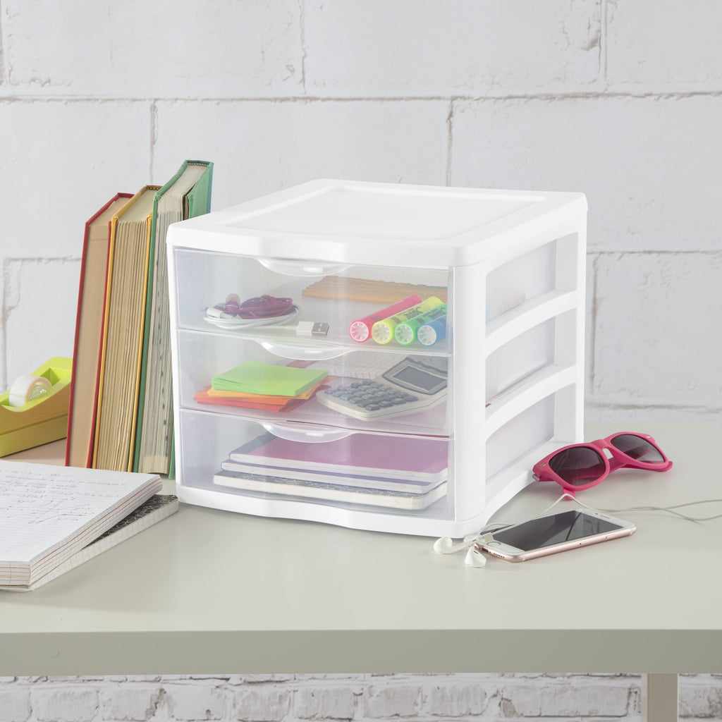 3 Drawer Unit, Clear Plastic Countertop or Desktop Storage Drawers, White