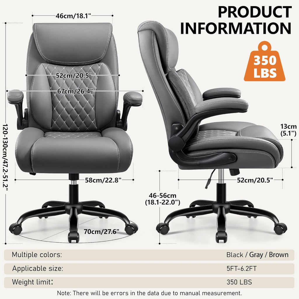 BESTFAIR Office Chair, Executive Computer Desk Chair with Lumbar Support for Lower Back Pain Relief, Ergonomic Leather Home Chair Comfy with Padded Flip-up Arms and Adjustable Armrests, Gray
