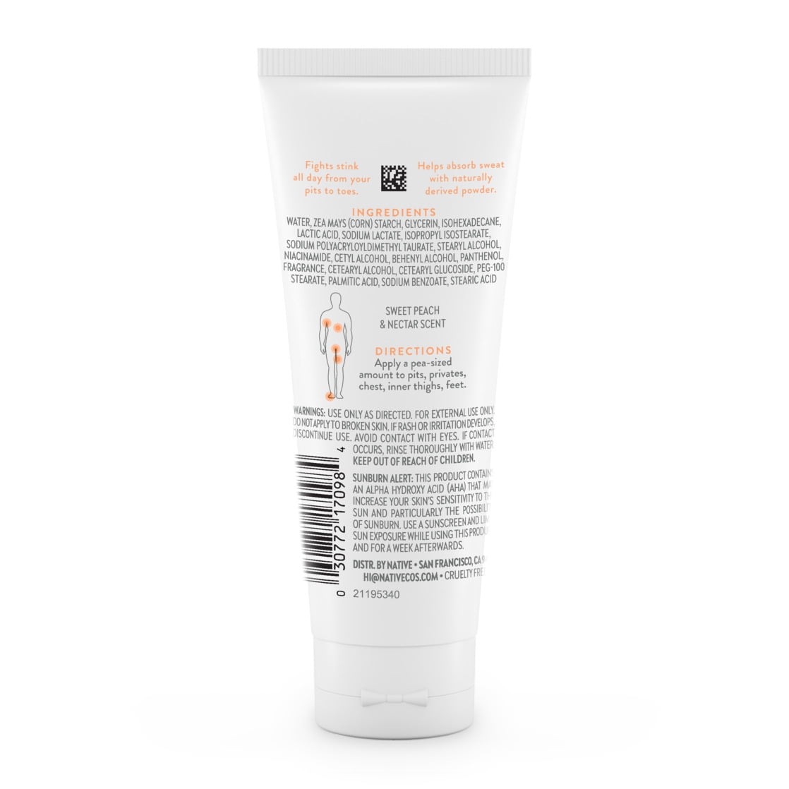 Native Whole Body Deodorant Invisible Cream, Sweet Peach & Nectar, Aluminum-Free, 3 oz