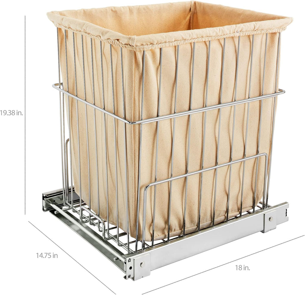 Rev-A-Shelf Pullout 20 Inch Deep Cabinet Floor Steel Mounted Clothes Laundry Hamper with Full Extension Slides, Chrome, HRV-1520 S CR - Hidden Storage Basket Organizer for Laundry Room and Bathroom