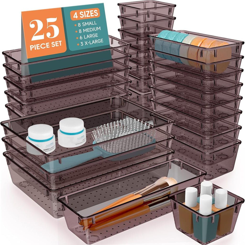 WOWBOX 25 PCS Plastic Drawer Organizer Set, 4 Sizes Desk Drawer Divider Organizers and Storage Bins for Makeup, Jewelry, Gadgets for Kitchen, Bedroom, Bathroom, Office, Clear Brown