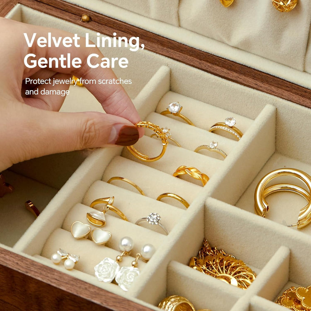 Jewelry Box Organizer for Women & Men, Black Walnut 3 Layer Wooden Jewelry Box with Velvet Lining, Earring & Ring Organizer, Large Capacity Drawer Design for Necklaces, Bracelets (3 layers)