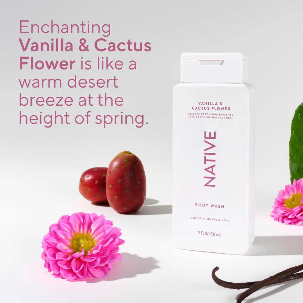 Body Wash, Vanilla & Cactus Flower, Sulfate Free, Naturally Derived Ingredients, 24hr Freshness, for Women & Men, 18 fl oz