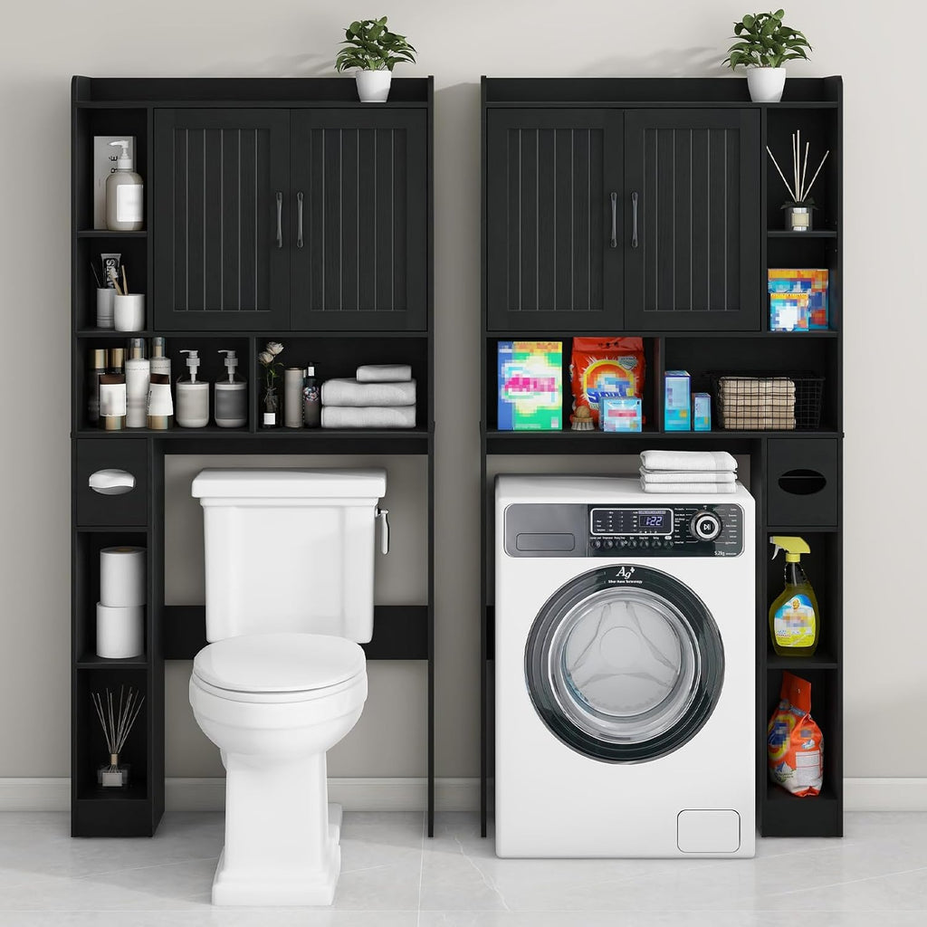 Vabches Over The Toilet Storage Cabinet, Farmhouse Storage Cabinet Over Toilet with Barn Door, Home Space-Saving Toilet Rack, for Bathroom, Restroom, LaundryBlack.