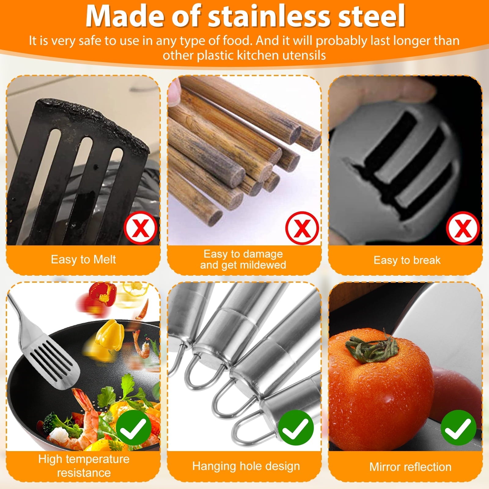 cooking utensils sets 5pcs Metal Stainless Steel Utensil for Cooking Kitchen Cooking Utensils Set Kitchen Gadgets Tools Set Spoons Spatula Sets with Handle Hanging Hole