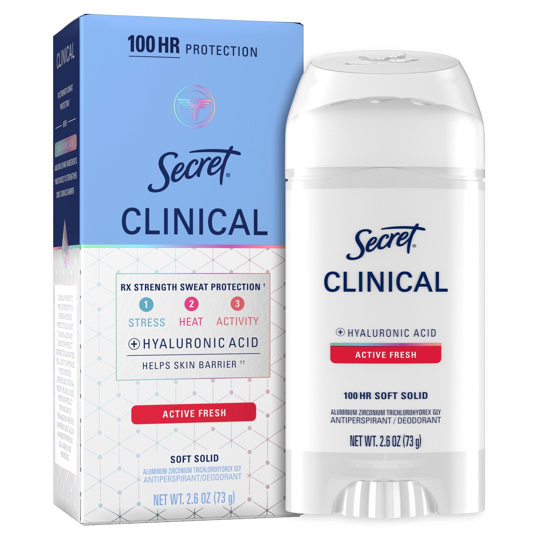 Clinical Antiperspirant Deodorant for Women, 100HR Sweat & Odor Protection, Hyaluronic Acid, Soft Solid, Active Fresh, 2.6 oz