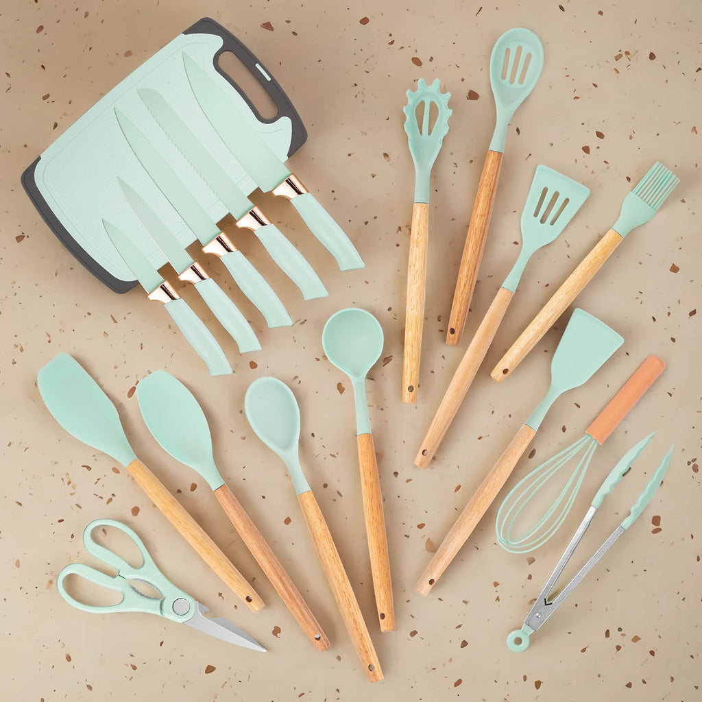 19-Piece Silicone Kitchen Utensil & Knife Set - Heat-Resistant Cooking Tools Non-Stick Safe Gift for Mom or Women Black