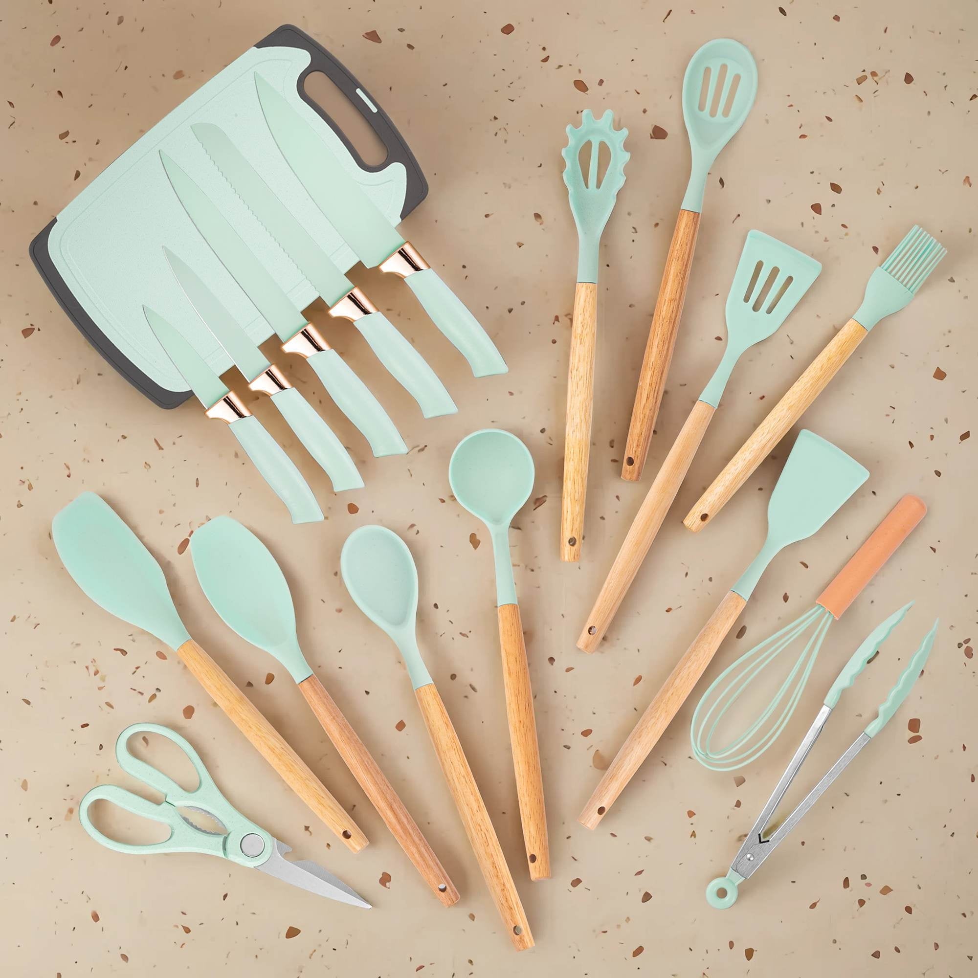 19-Piece Silicone Kitchen Utensil & Knife Set - Heat-Resistant Cooking Tools Non-Stick Safe Gift for Mom or Women Black