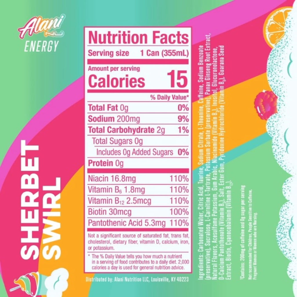 New Alani Energy Drink, Sherbet Swirl Flavor, 12 fl oz Cans, 6 Pack