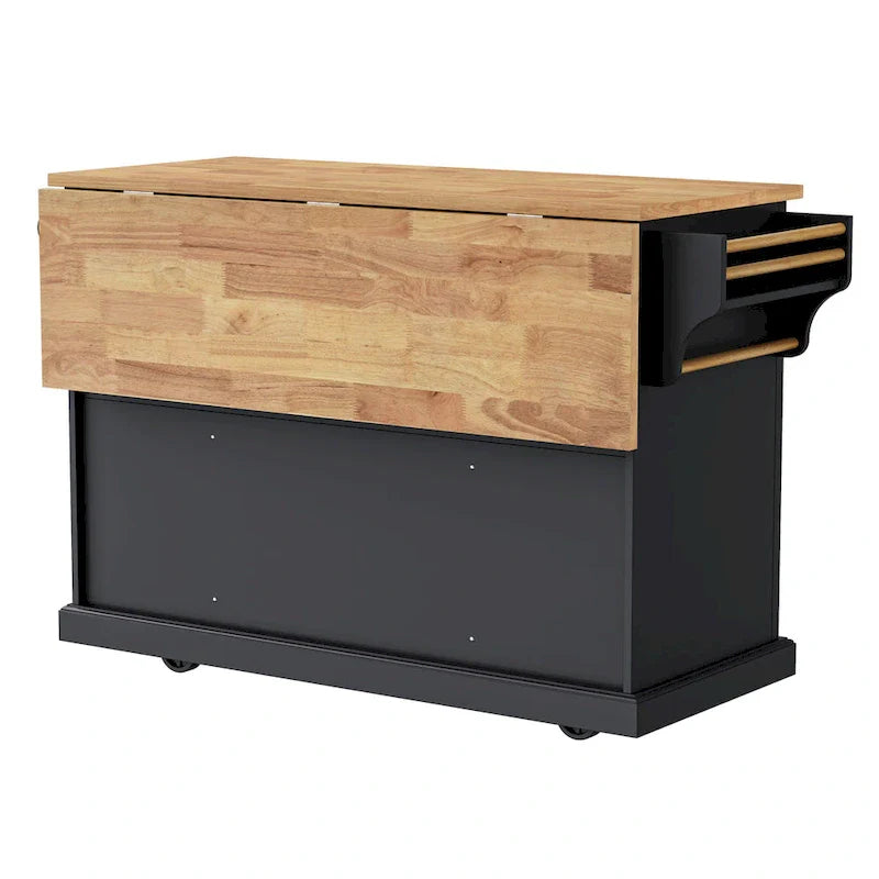 54 Large Kitchen Island with Rubber Wood Drop Leaf, Embossed Texture Rolling Kitchen Cart on 4 Wheels with 4 Doors & 3 Drawers