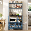 ChooChoo Farmhouse Coffee Bar Cabinet with Storage, Bakers Rack with Power Outlets, Microwave Stand Kitchen Cabinet with Hutch and 6 Hooks, Blue