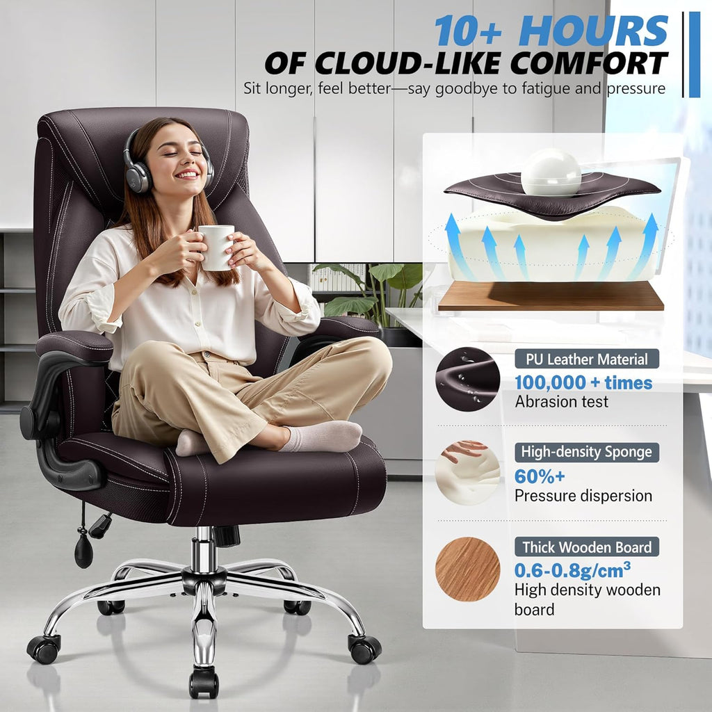 Office Chair, Big and Tall Ergonomic Desk Chair, Executive Leather Computer Chair with Adjustable Lumbar Support, Comfy Gaming Chair with Flip Up Arms, Swivel PC Chair with Rocking Function, Coffee