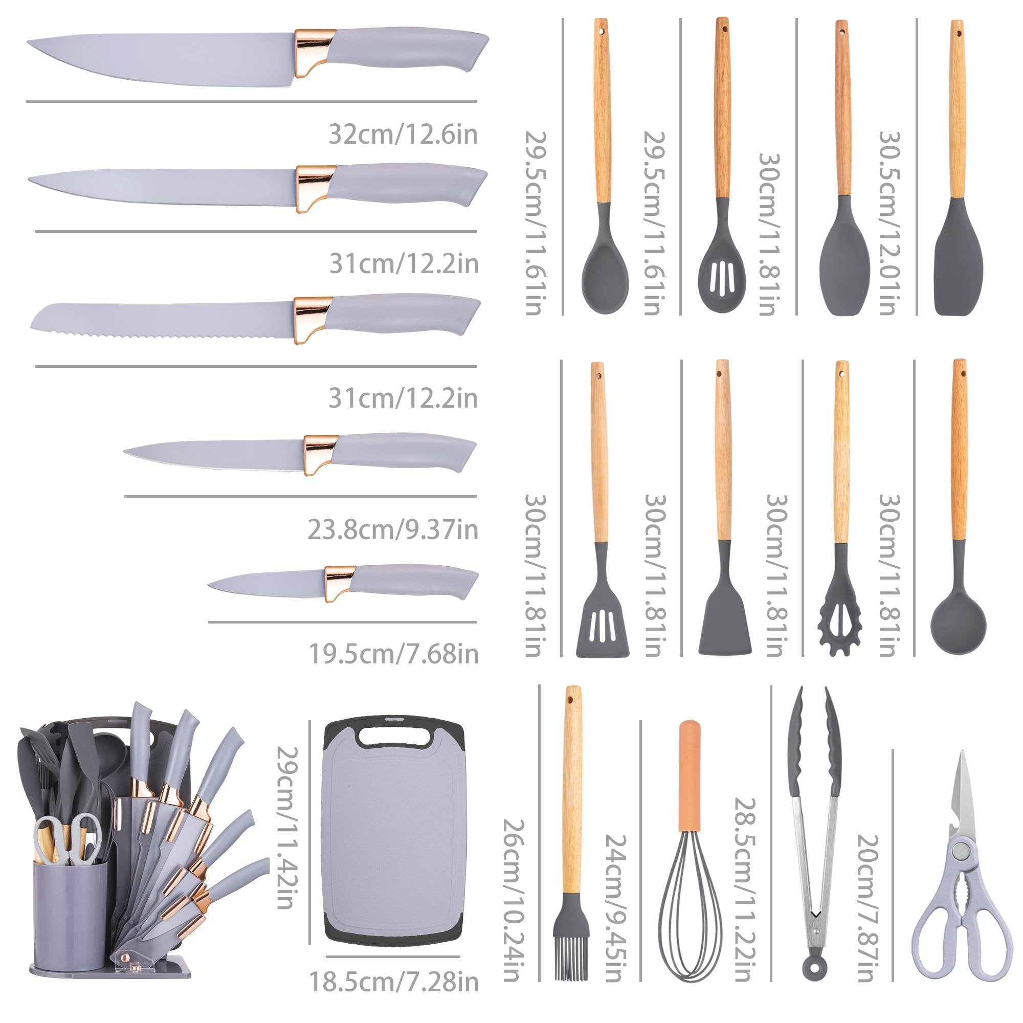 19-Piece Silicone Kitchen Utensil & Knife Set - Heat-Resistant Cooking Tools Non-Stick Safe Gift for Mom or Women Black