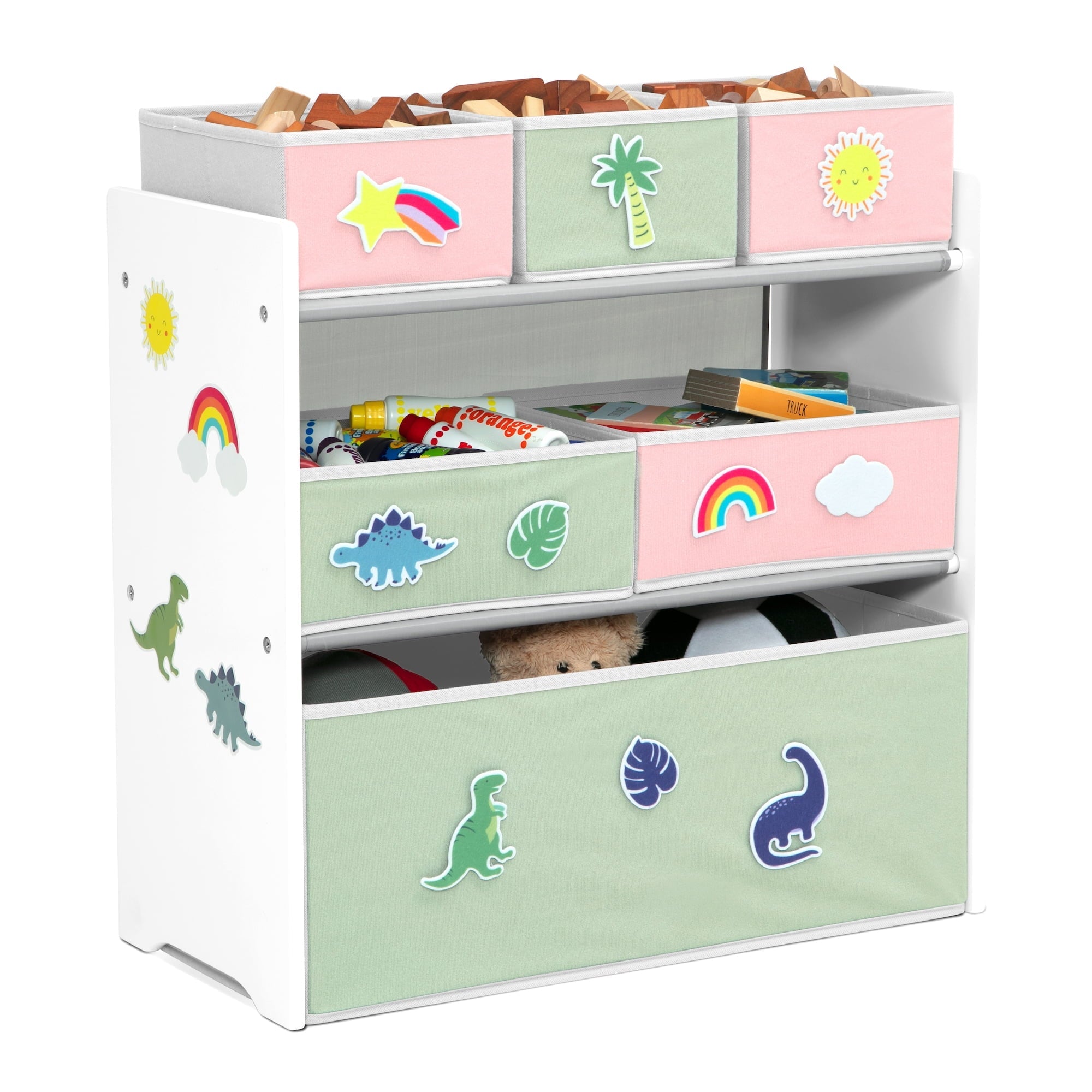 Design & Store 6 Bin Toy Storage Organizer with Interchangeable Patches, Green/Pink