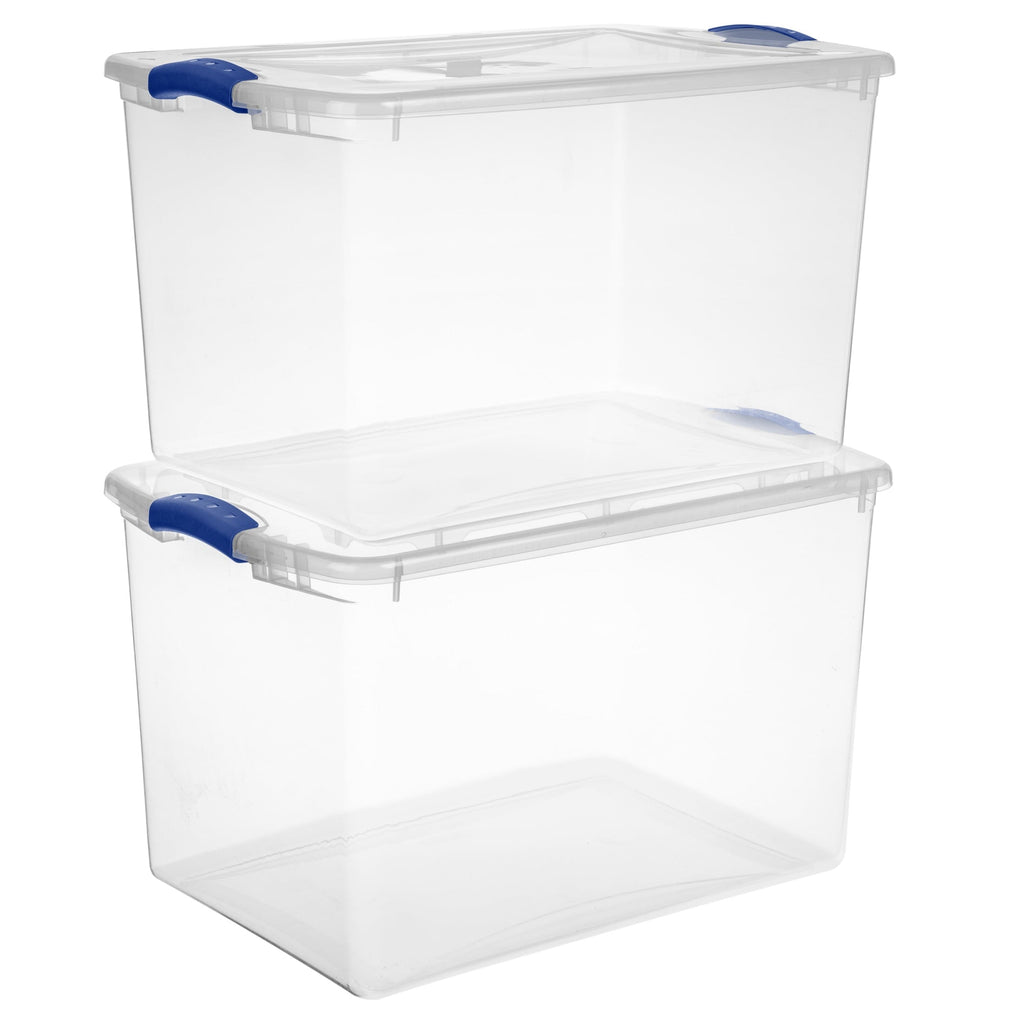 66 Quart Large Latching Storage Bin, Clear Plastic Storage Container with Latch Lid, Blue