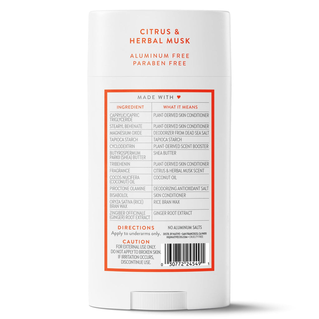 Aluminum Free Deodorant For Men, 72 Hour Solid Deodorant Stick, Citrus & Herbal Musk, 3.1oz