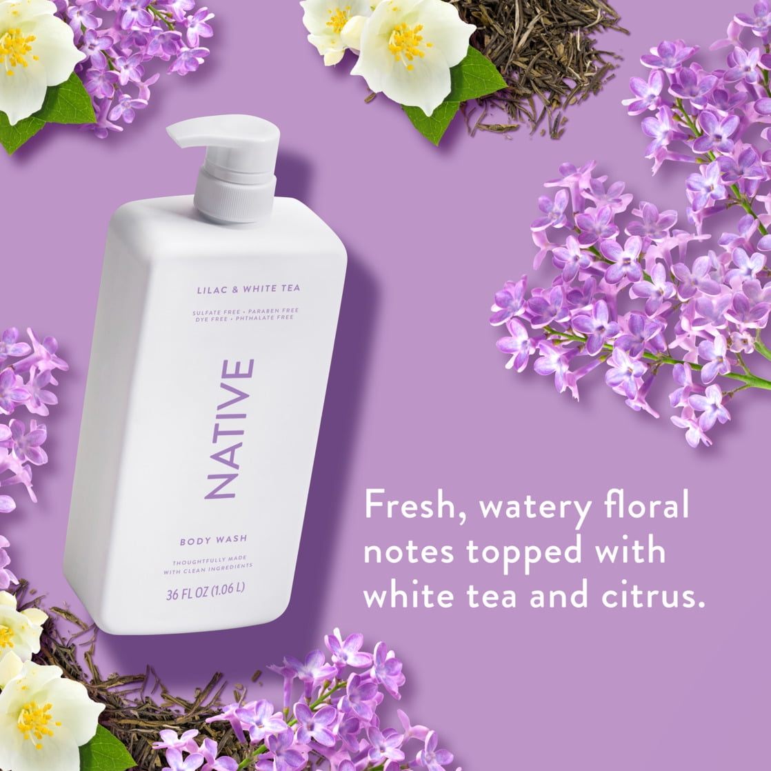 Body Wash, Lilac & White Tea, Sulfate Free, Naturally Derived Ingredients, 24hr Freshness, for Women & Men, 36 fl oz