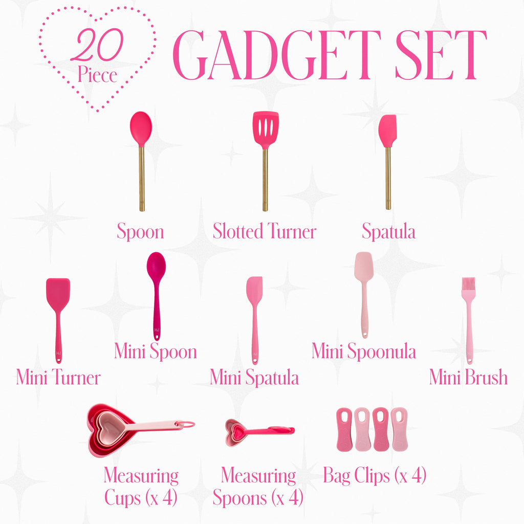 20-Piece Kitchen Gadget Set, Heart-Shaped Measuring Cups & Spoons, Silicone Tools & Bag Clips, , Pink