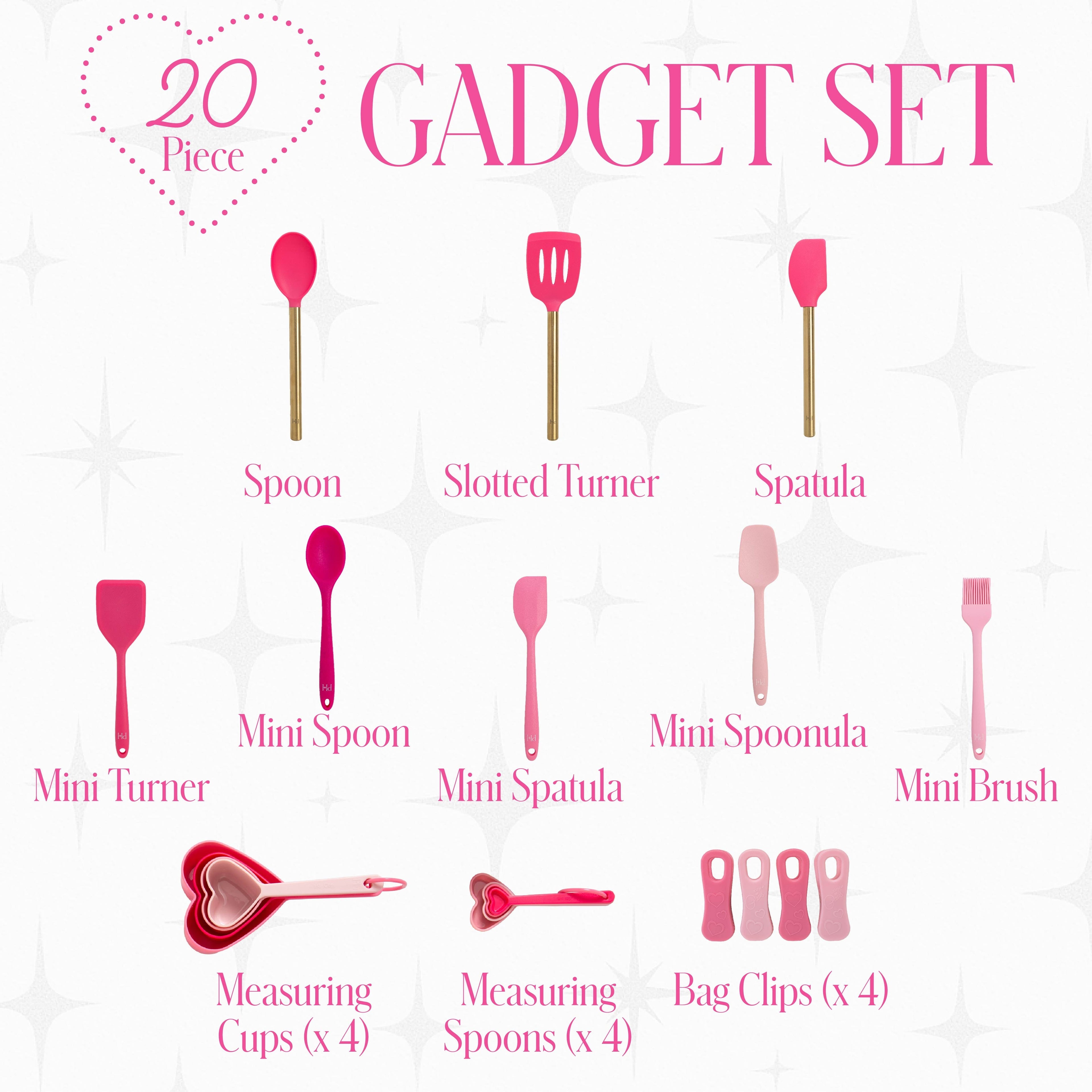 20-Piece Kitchen Gadget Set, Heart-Shaped Measuring Cups & Spoons, Silicone Tools & Bag Clips, , Pink