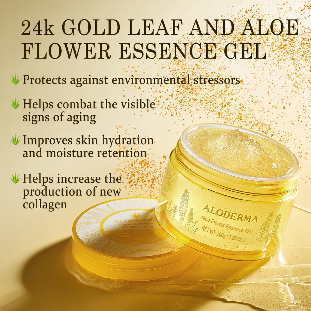 Age-Defying 24K Gold Leaf Aloe Flower Essence Gel, Made within 12 Hours of Harvest - Luxurious Aloe Gel with Allantoin & Hyaluronic Acid for a Glowing, Shimmering, Youthful Complexion, 7oz
