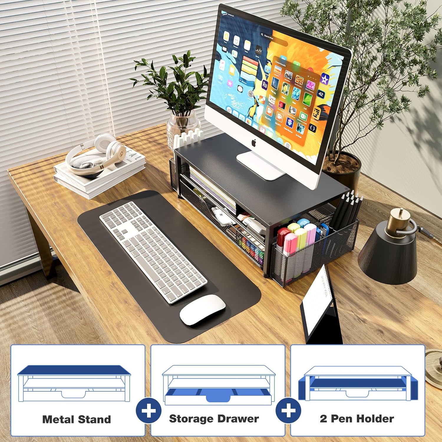 OPNICE Desk Organizer and Accessories, 2-Tier Computer Monitor Stand Riser with Drawer and 2 Pen Holders, Laptop Stand, Office Desk Accessories for Office Supplies, Black 2-Pack