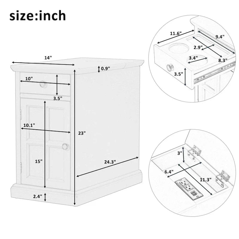 Classic Vintage End Table Side Table with USB Ports and 1 Multifunctional Drawer with Cup Holders