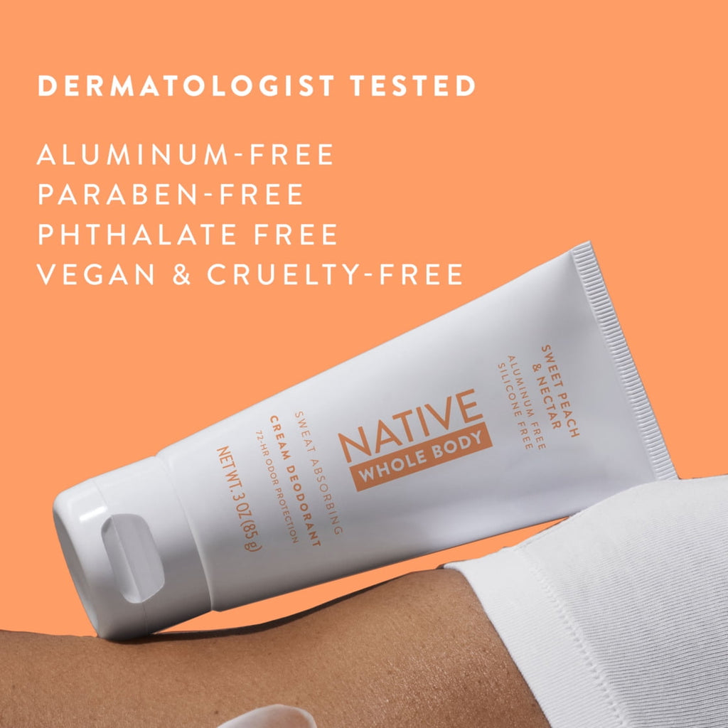 Native Whole Body Deodorant Invisible Cream, Sweet Peach & Nectar, Aluminum-Free, 3 oz