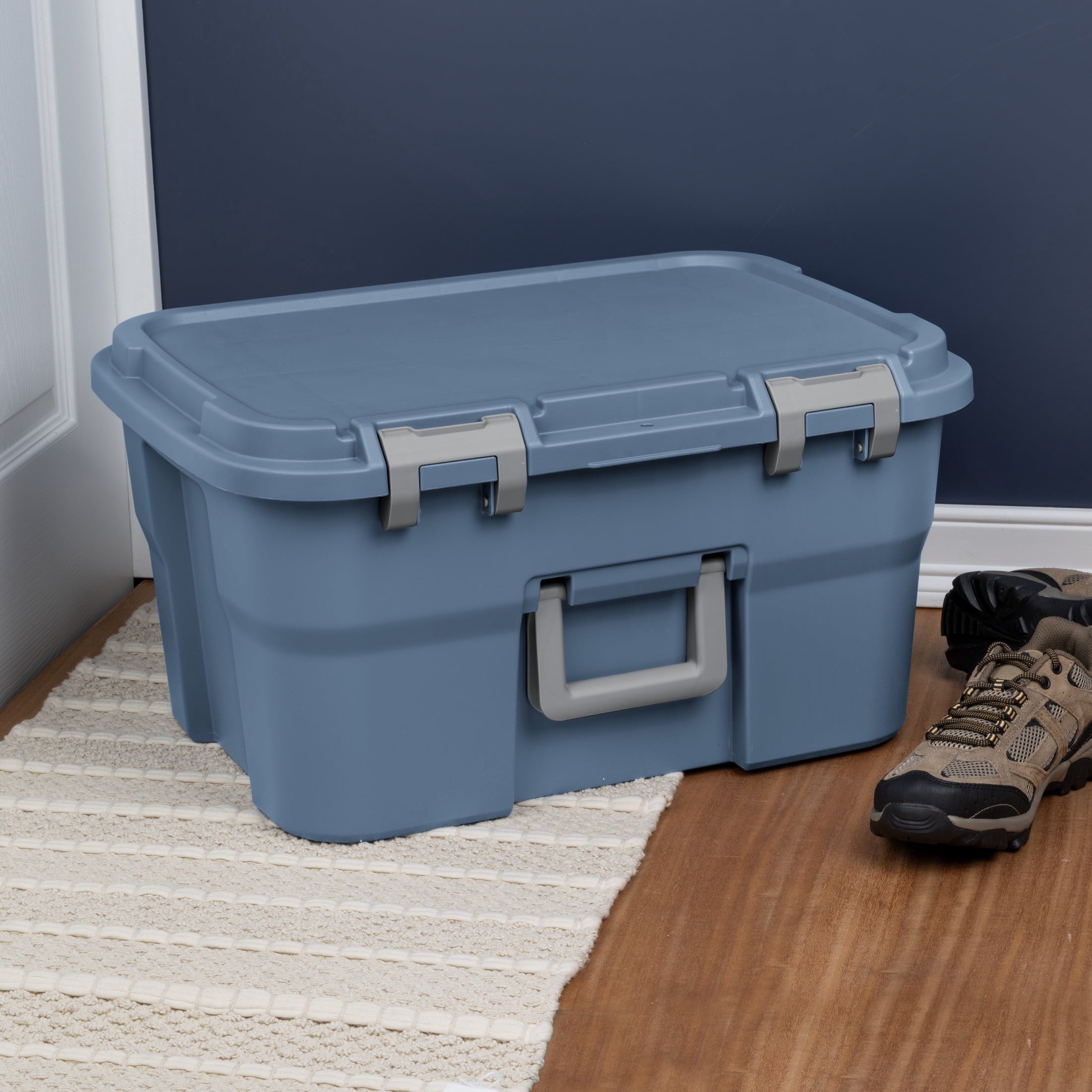 14 Gallon Footlocker Storage Bin, Heavy Duty Plastic Storage Trunk Container, Lockable with Handle, Blue