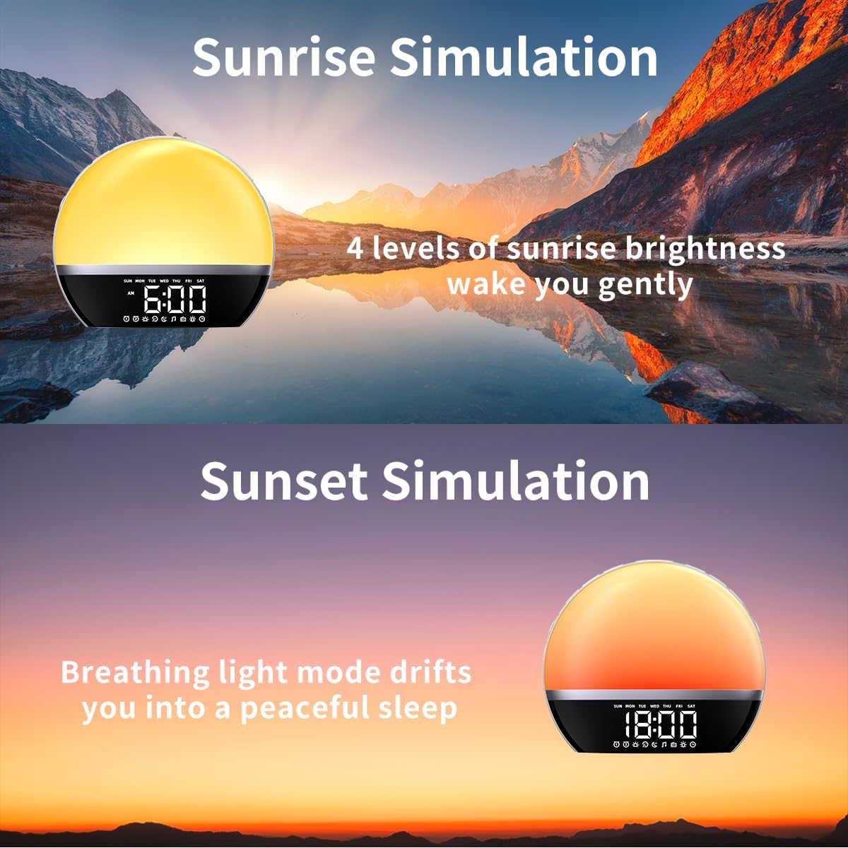 SoundLegend FM Radio Sunrise Alarm Clock Sound Machine Wake-Up Light Sunrise Sunset Simulation Adjustable Volume Brightness Sleep Aid 13 Colors 23 Sounds 28 Tunes Snooze Dual Alarm 4 Timers