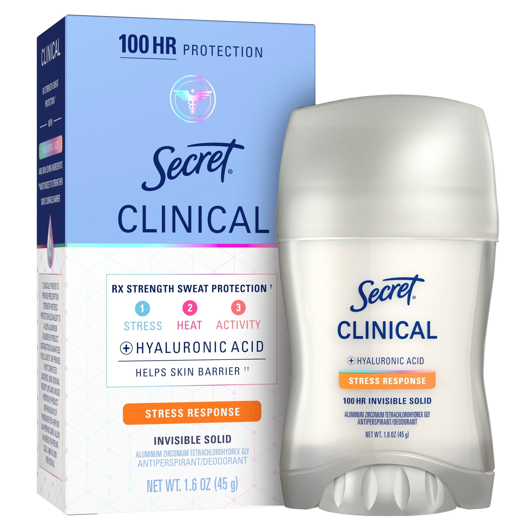 Clinical Antiperspirant Deodorant for Women, 100HR Sweat & Odor Protection, Hyaluronic Acid, Invisible Solid, Stress Response, 2.6 oz