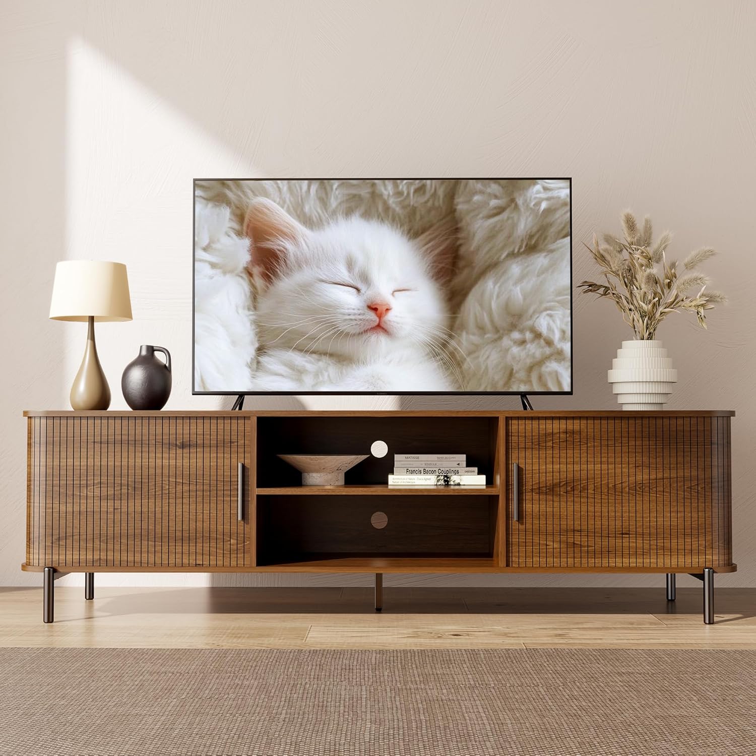 SUNCOZE 70" Mid-Century Fluted TV Stand with Storage, Modern Entertainment Centerfor TVs up to 80 Inch with Sliding Tambour Doors & Open Shelves, Media Console for Living Room or Bedroom (Walnut)