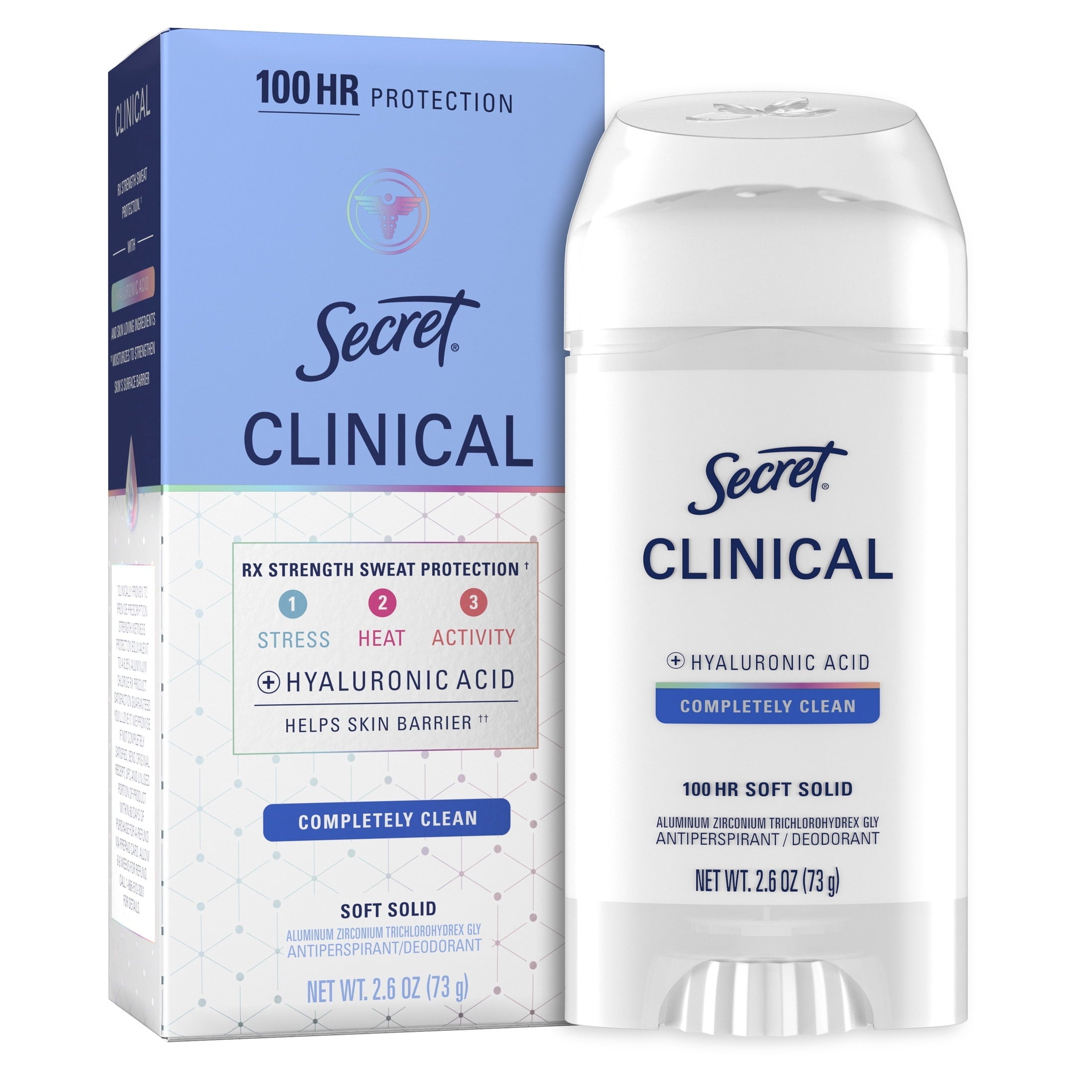 Clinical Antiperspirant Deodorant for Women, 100HR Sweat & Odor Protection, Hyaluronic Acid, Soft Solid, Completely Clean, 2.6 oz