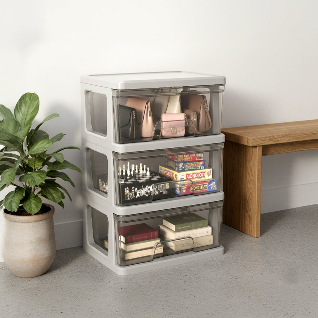 Knock Down Medium Storage Cart with Drawers, Silver Plastic