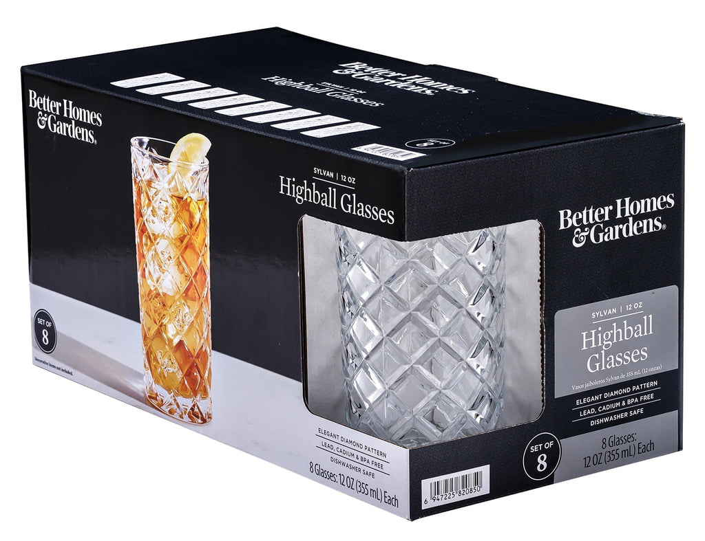 Better Homes & Gardens Diamond Cut Tumbler Clear Drinking Glass, 8 Pack