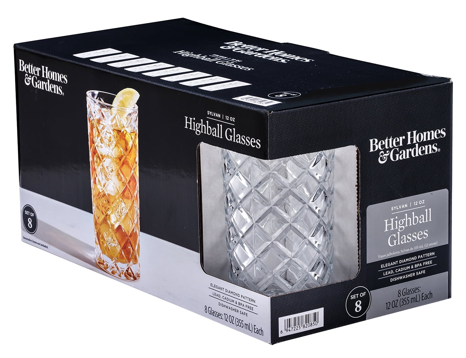 Better Homes & Gardens Diamond Cut Tumbler Clear Drinking Glass, 8 Pack