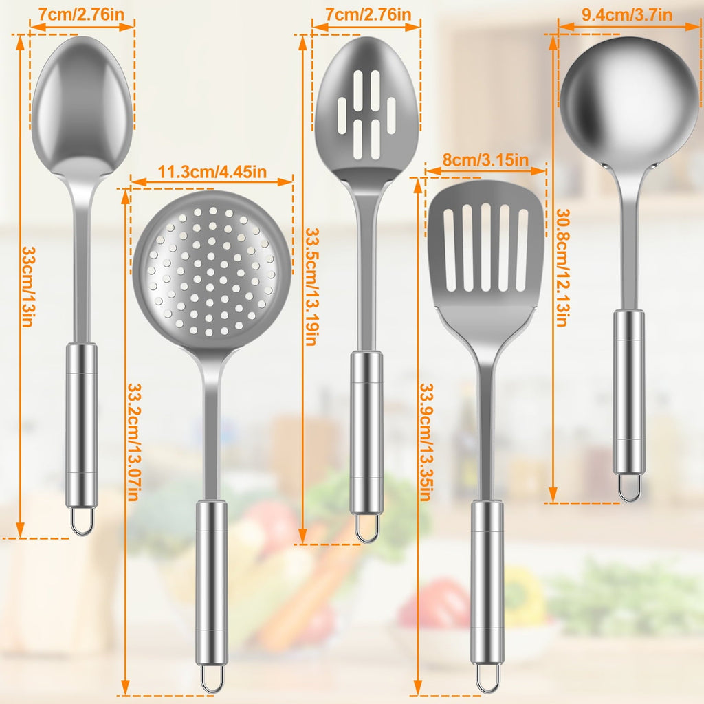 cooking utensils sets 5pcs Metal Stainless Steel Utensil for Cooking Kitchen Cooking Utensils Set Kitchen Gadgets Tools Set Spoons Spatula Sets with Handle Hanging Hole