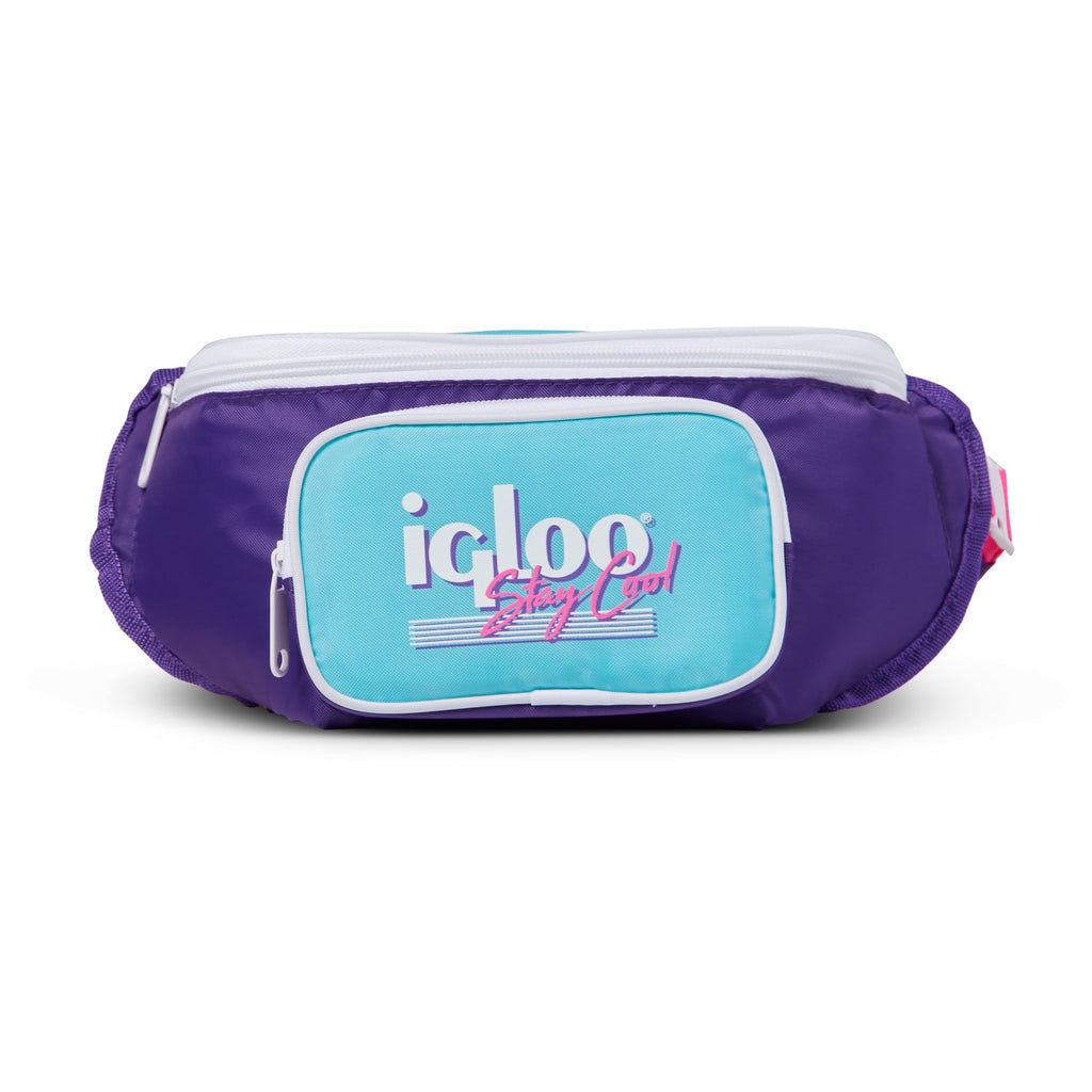 3 can Retro Fanny Pack Cooler Bag, Purple and Aqua Blue