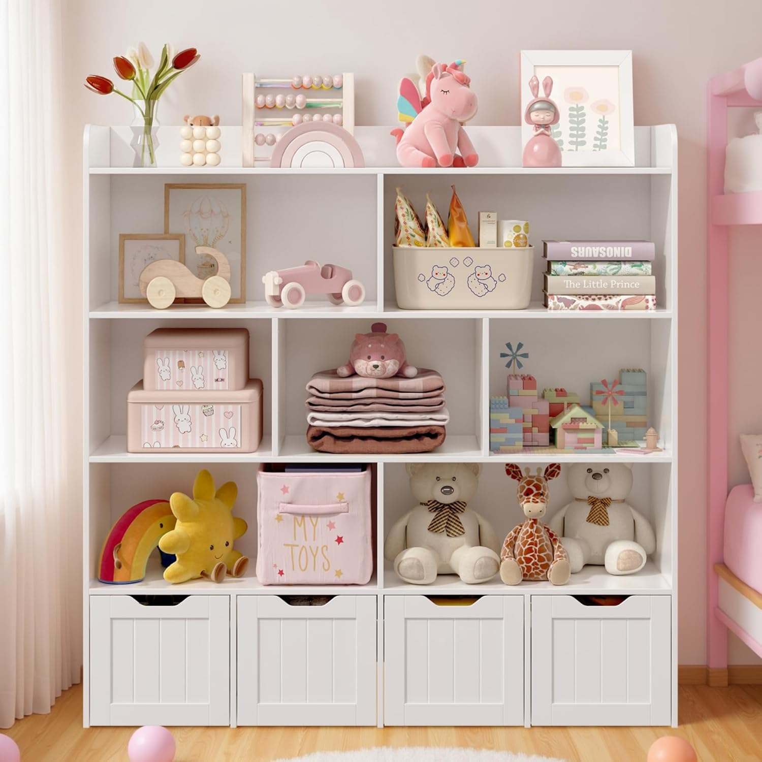 Gizoon Toy Storage Cabinet and Kids Bookcase with 4 Movable Drawers and 8 Open Shelves Toy Chest Shelf Organizer with Hidden Wheels for Playroom Nursery Kids Room, White
