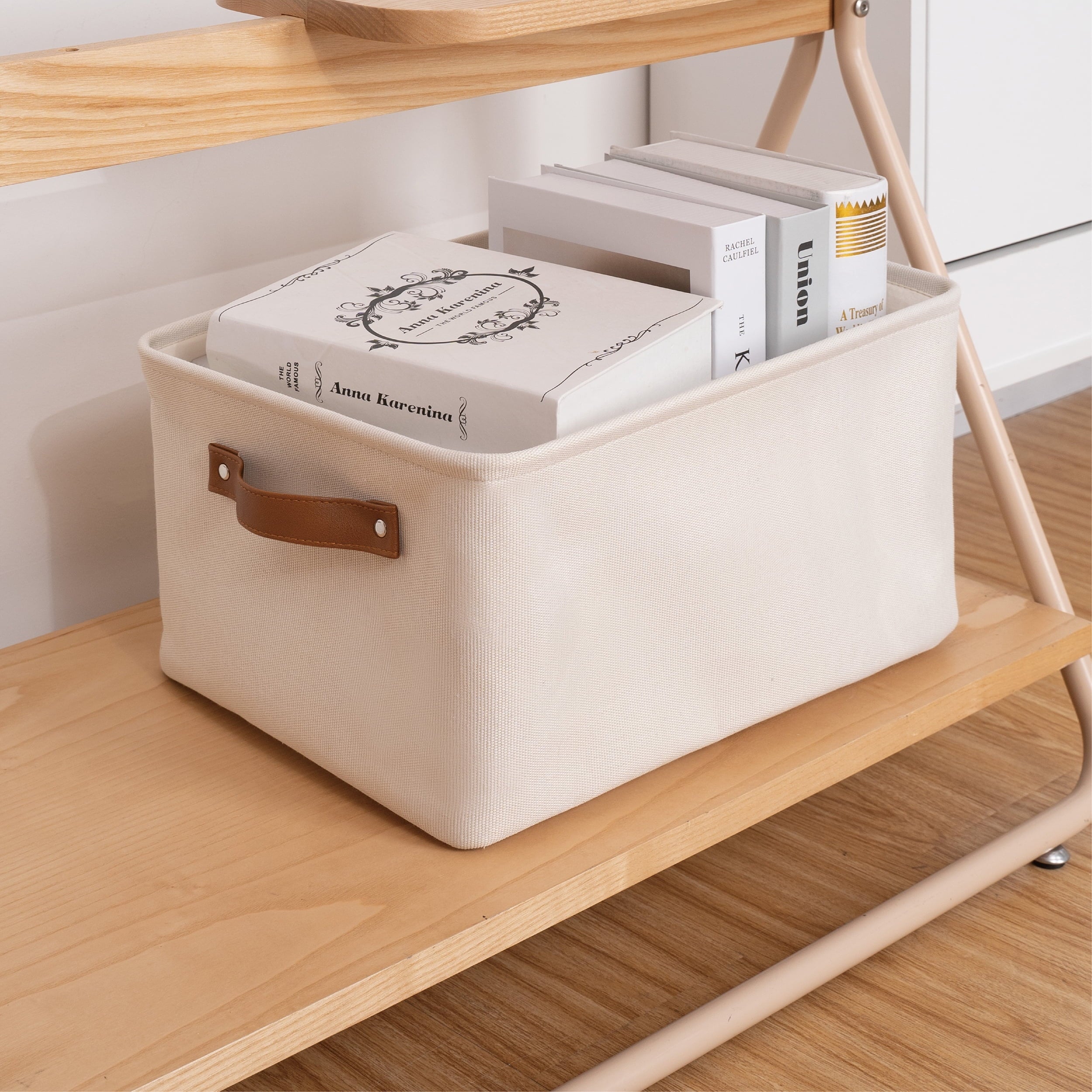 Natural Canvas Fabric Decorative Storage Basket with Handles, 15 in x 8 in x 11 in