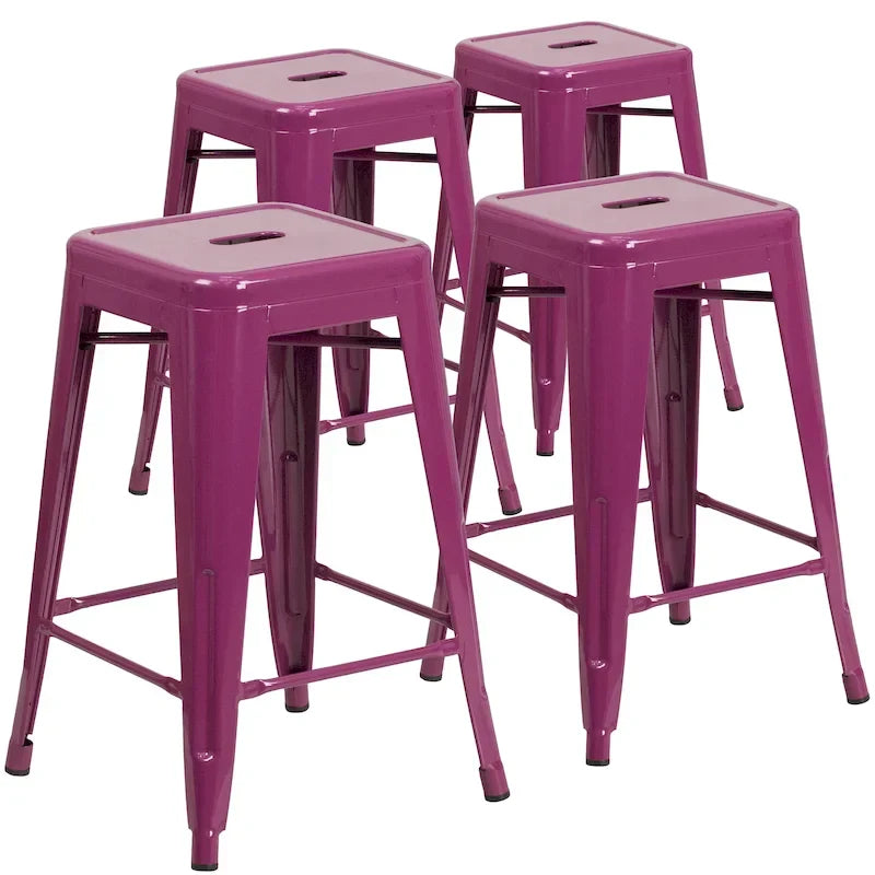 4 Pack 24H Backless Metal Indoor-Outdoor Counter Height Stool w/Square Seat