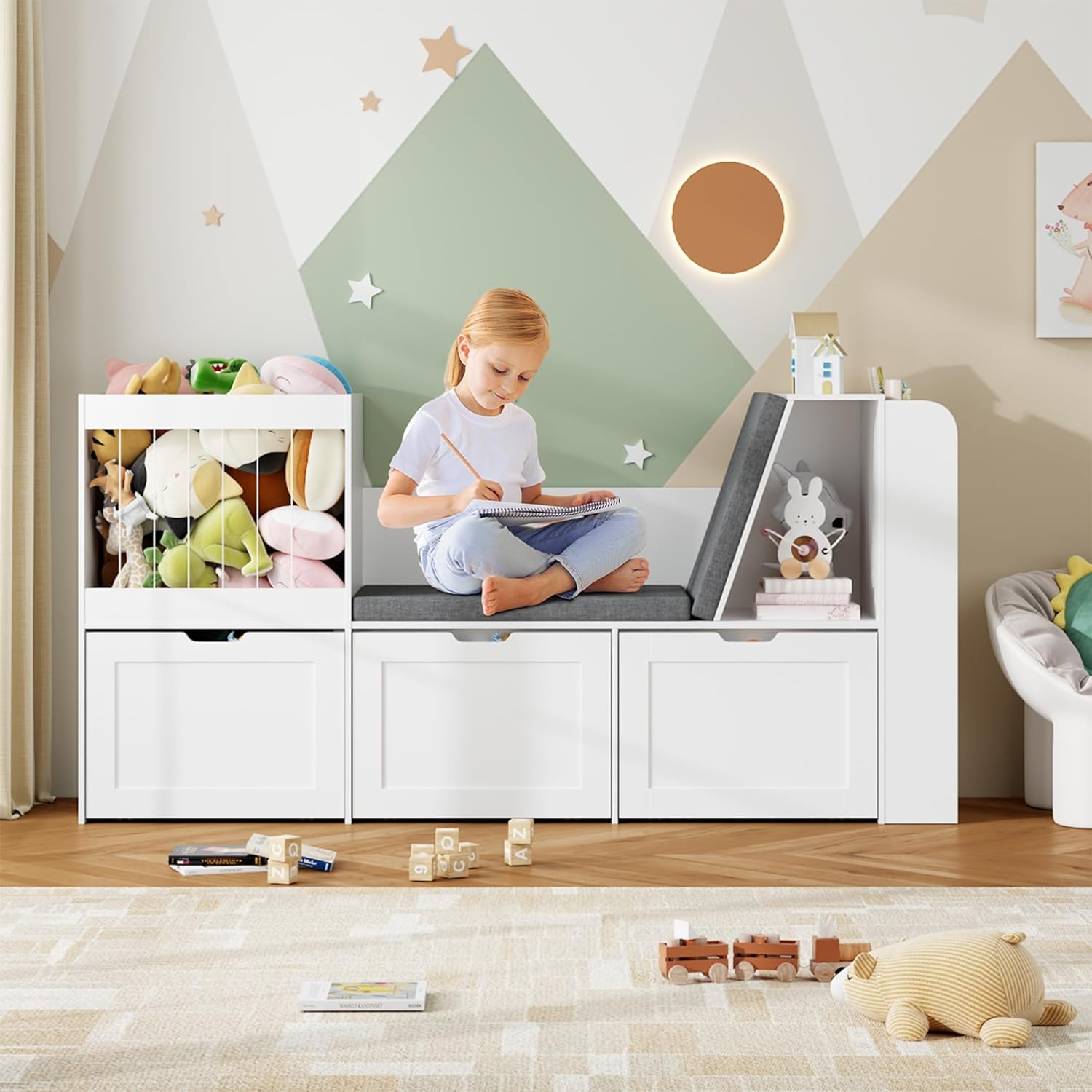 66.9" Kids Reading Nook, Toy Storage Organizer with Stuffed Animal Storage, Bench and Removable Cushions, Wooden Toddler Bookshelf with 3 Movable Drawers for Nursery, Playroom (White)