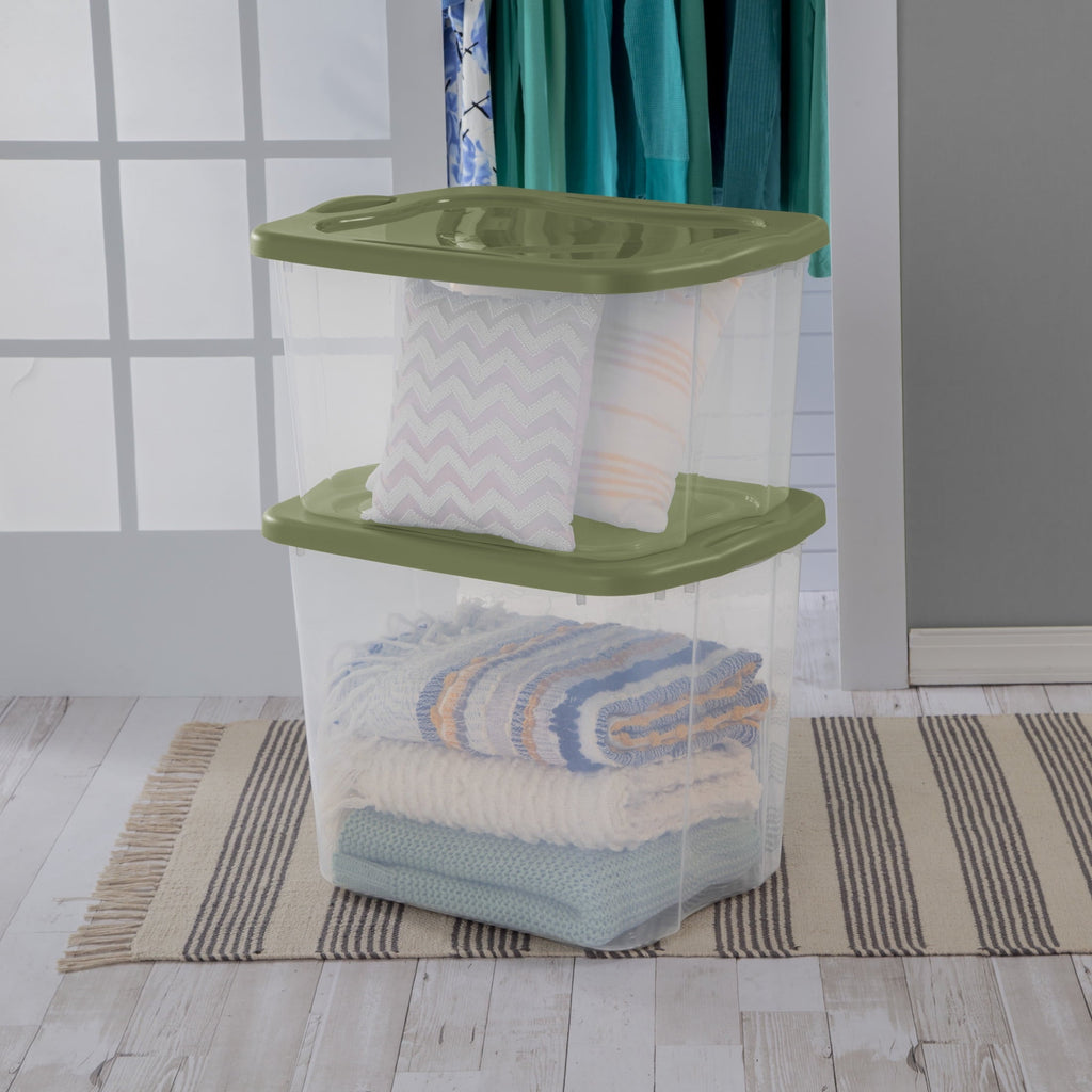 EZ Carry 70 Quart Large Storage Bin, Clear Plastic Storage Container with Full-Grip Handles, Green