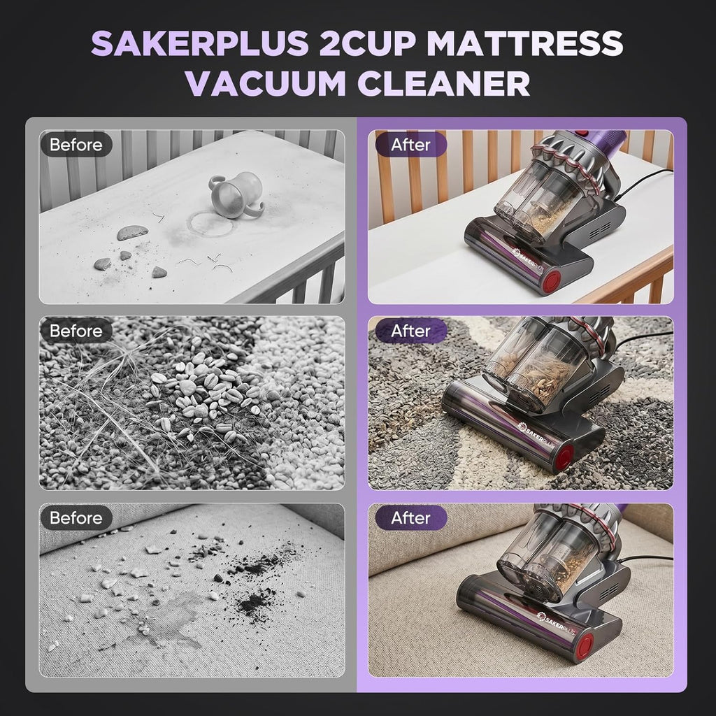 SakerPlus Powerful Bed Vacuum Cleaner, 350W Corded Mattress Vacuum with 2-Cup System,Smart Dust Sensor,Washable Dust Cup & Roller Brush, 16.4 ft Cord, for Mattress, Sofa